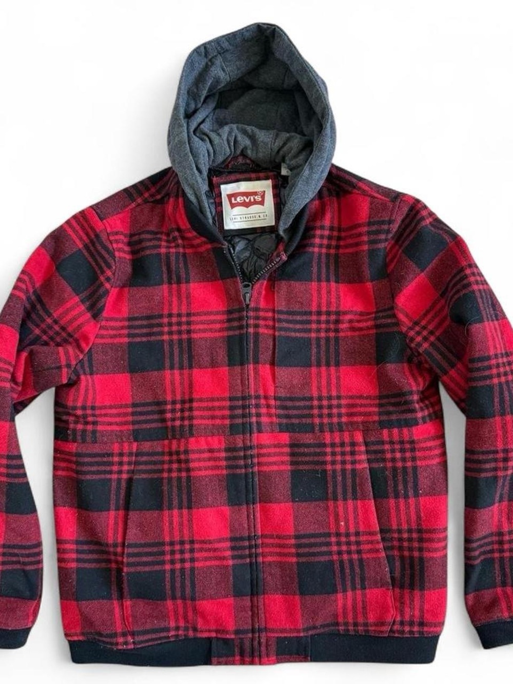 Levi's Red Plaid Wool Blend Quilt Lined Insulated Hooded Jacket